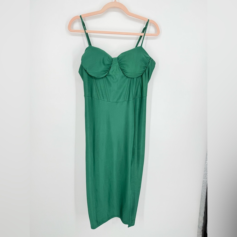 NEW Women Green Satin Corset Midi Dress‎ Junior XL Spaghetti Strap Front Slit